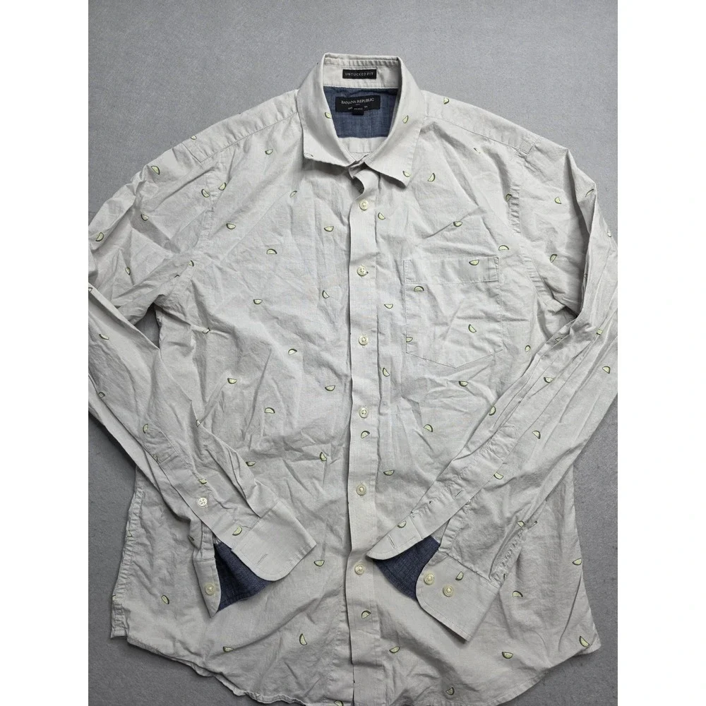 Banana Republic Shirt Men's Medium‎ Gray Lime Slice Organic Cotton Untucked Fit